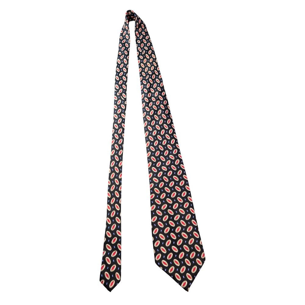 Aquascutum of London Men's Silk Tie Black Red Geometric Oval Pattern Hand Made